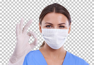 Buy stock photo Woman, portrait and doctor with face mask or okay sign for health safety isolated on a transparent PNG background. Female person, medical or healthcare nurse with OK or approval for facial protection