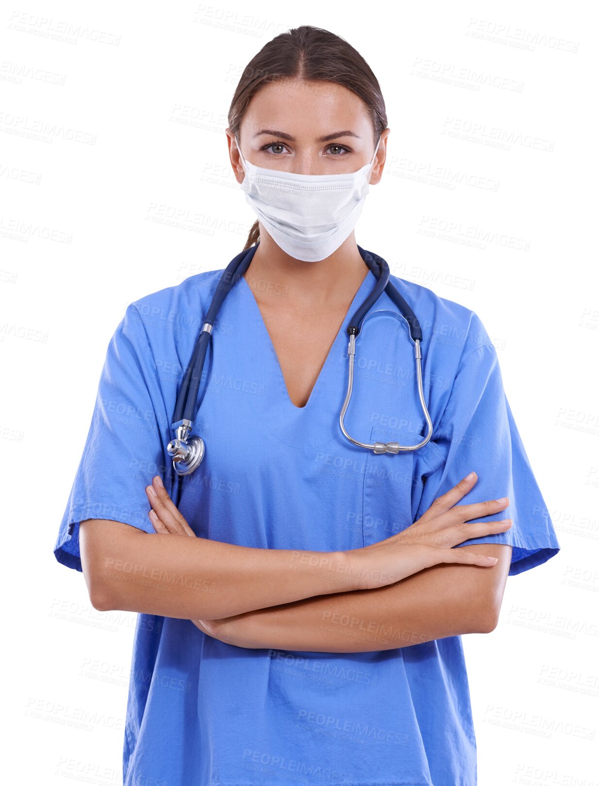 Buy stock photo Woman, portrait and doctor mask with arms crossed in confidence isolated on a transparent PNG background. Confident female person, medical or healthcare professional in safety, health and wellness