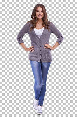 Buy stock photo Portrait, fashion and confidence of woman, smile and isolated on a transparent png background. Pose, style and happy model, girl or person from Spain with casual clothes, aesthetic or trendy jeans.