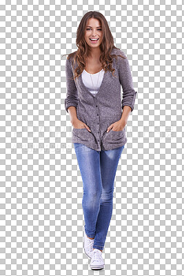 Buy stock photo Fashion, portrait and confidence of woman, excited and isolated on a transparent png background. Smile, style or model, girl or person from Spain with casual clothes, trendy jeans and hands in pocket