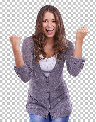 Buy stock photo Yes, success and happy woman in celebration, fist and cheers for winning, sale or college achievement. Wow, excited and young person, winner or student portrait isolated on transparent png background