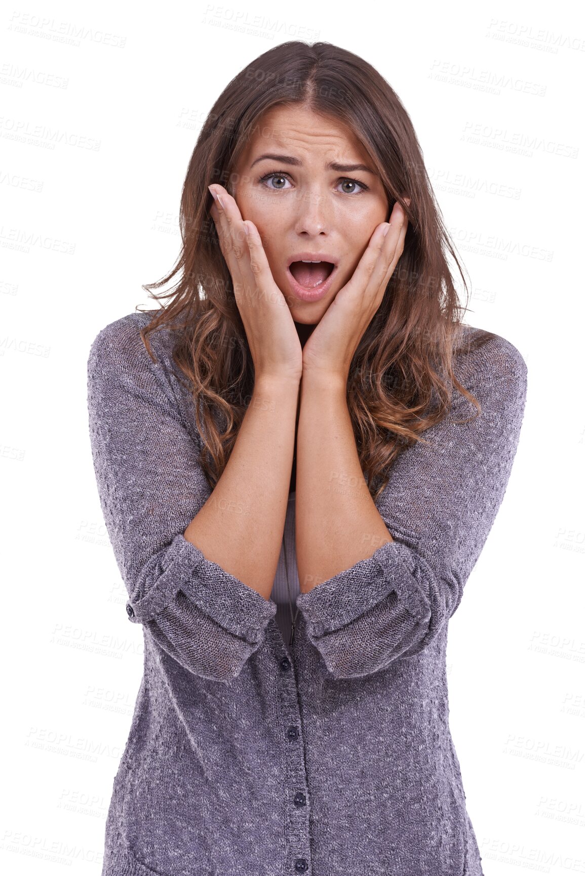 Buy stock photo Woman, surprise and shock in portrait, touching face and drama with reaction to news isolated on png transparent background. Female person with expression, emoji and wow with alarm and announcement