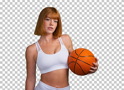 Buy stock photo Portrait, woman and basketball for sports, exercise and competition isolated on transparent png background. Confident athlete, female person and player ready for fitness, games or training with ball