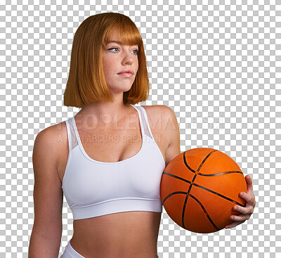 Buy stock photo Basketball, woman and thinking of sports, exercise and competition isolated on transparent png background. Confident athlete, female person and player focus on fitness, games and training with ball