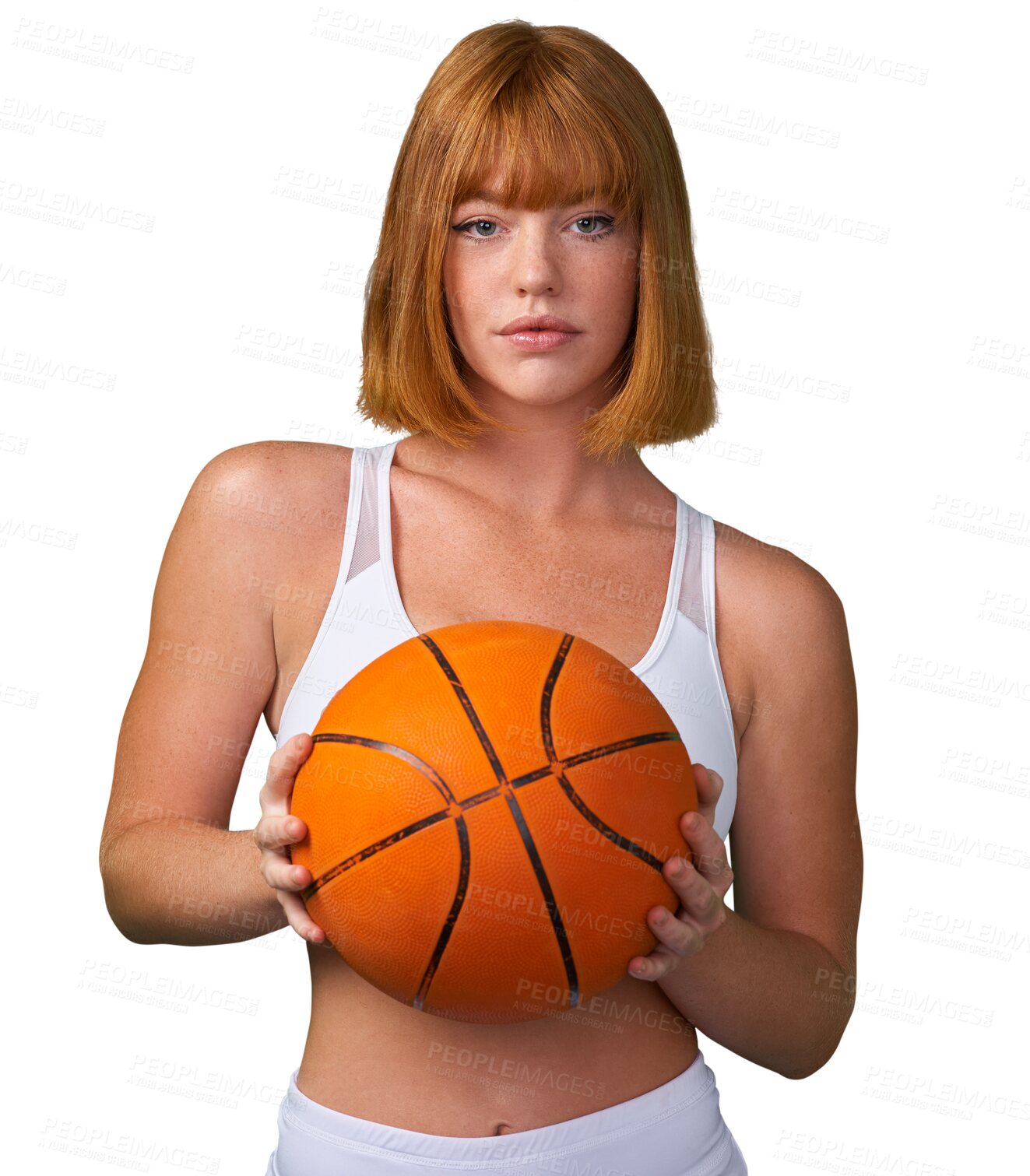 Buy stock photo Basketball, woman in portrait for sport and exercise, training and professional player on transparent png background. Active, health and competition, female athlete in sportswear and fitness workout