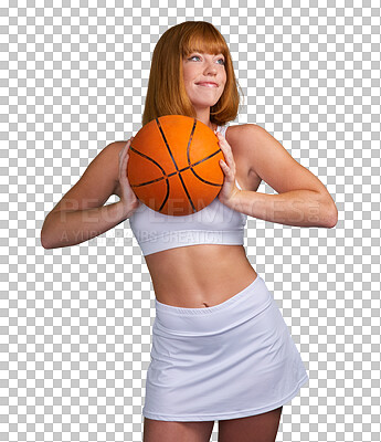 Buy stock photo Basketball, woman and thinking of fitness, exercise and performance isolated on transparent png background. Sports athlete, young female person and player smile for training, ideas and orange ball 