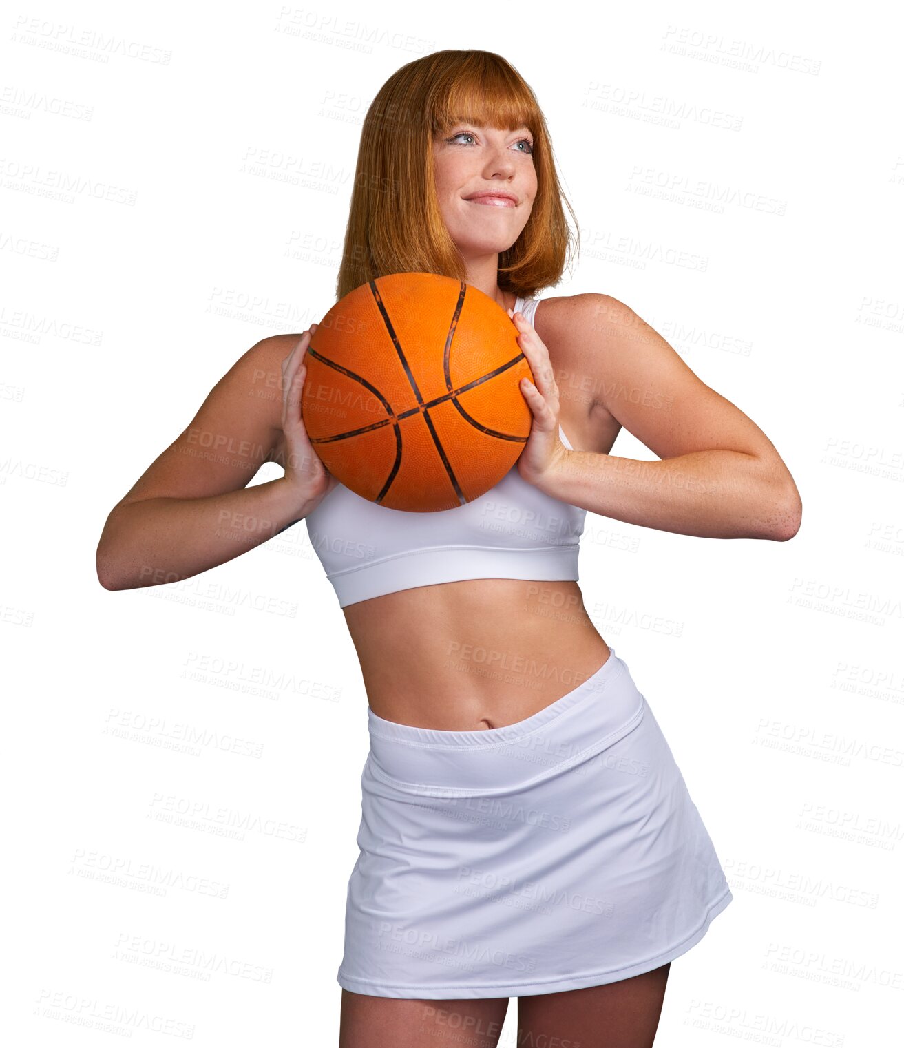 Buy stock photo Basketball, woman and thinking of fitness, exercise and performance isolated on transparent png background. Sports athlete, young female person and player smile for training, ideas and orange ball 