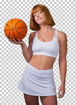 Buy stock photo Basketball, woman for sports and fitness, training and professional player on transparent png background. Active, health and competition, portrait with female athlete, sportswear and exercise workout