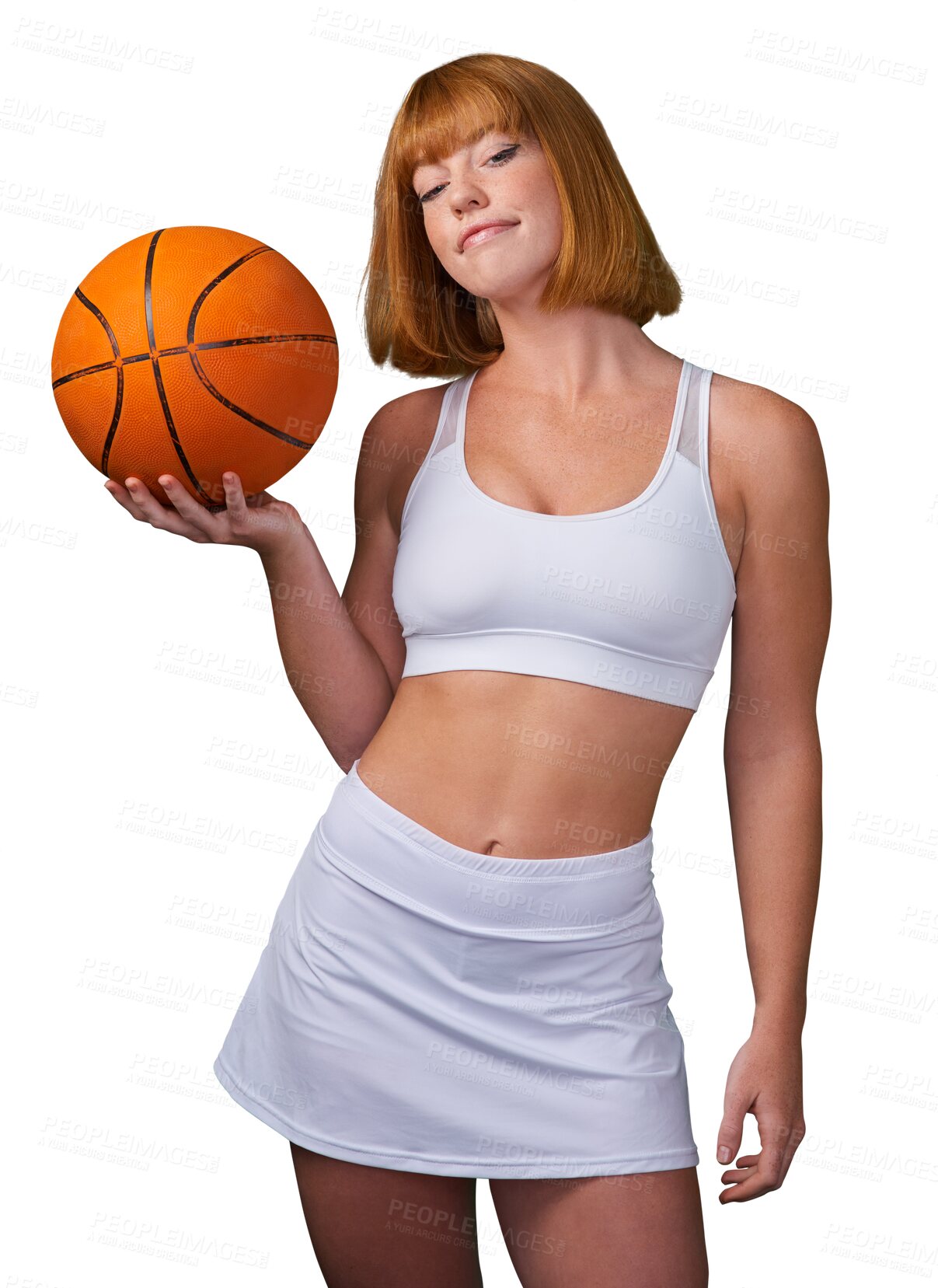 Buy stock photo Basketball, woman for sports and fitness, training and professional player on transparent png background. Active, health and competition, portrait with female athlete, sportswear and exercise workout