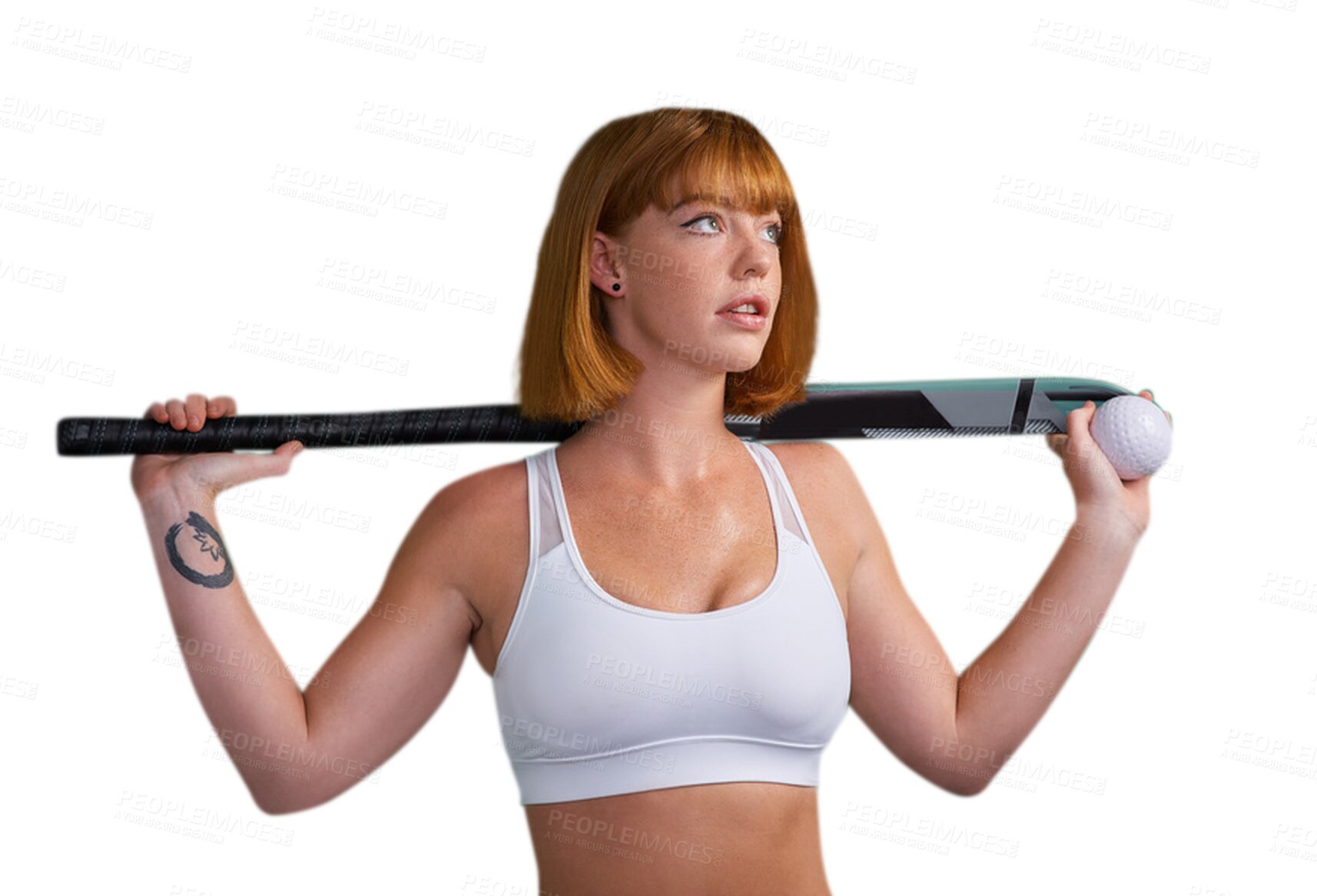 Buy stock photo Woman, thinking about sports with hockey and fitness, train with stick and ball isolated on png transparent background. Female athlete, exercise and active, healthy with dream and workout equipment