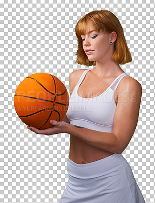 Buy stock photo Basketball, woman and ready for sports game, challenge and performance isolated on transparent png background. Athlete, young female person and player focus on orange ball for competition training