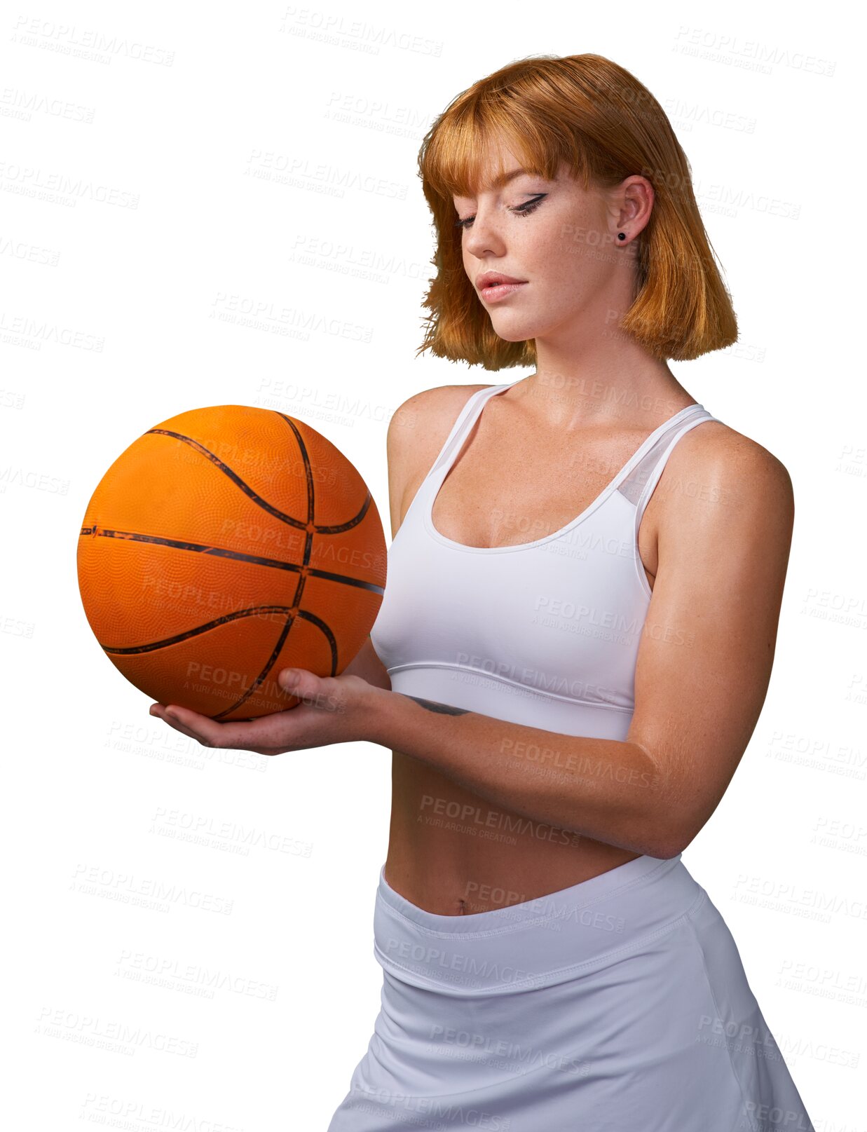 Buy stock photo Basketball, woman and ready for sports game, challenge and performance isolated on transparent png background. Athlete, young female person and player focus on orange ball for competition training