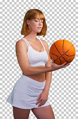 Buy stock photo Basketball player, woman for sports and fitness, training and wellness on transparent png background. Active, health and competition, young female athlete in sportswear and exercise with workout