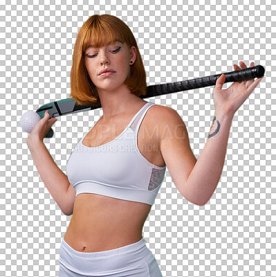 Buy stock photo Hockey, fitness and woman athlete at training, exercise and workout isolated in a transparent or png background. Competition, wellness and young female person ready for sports game and health