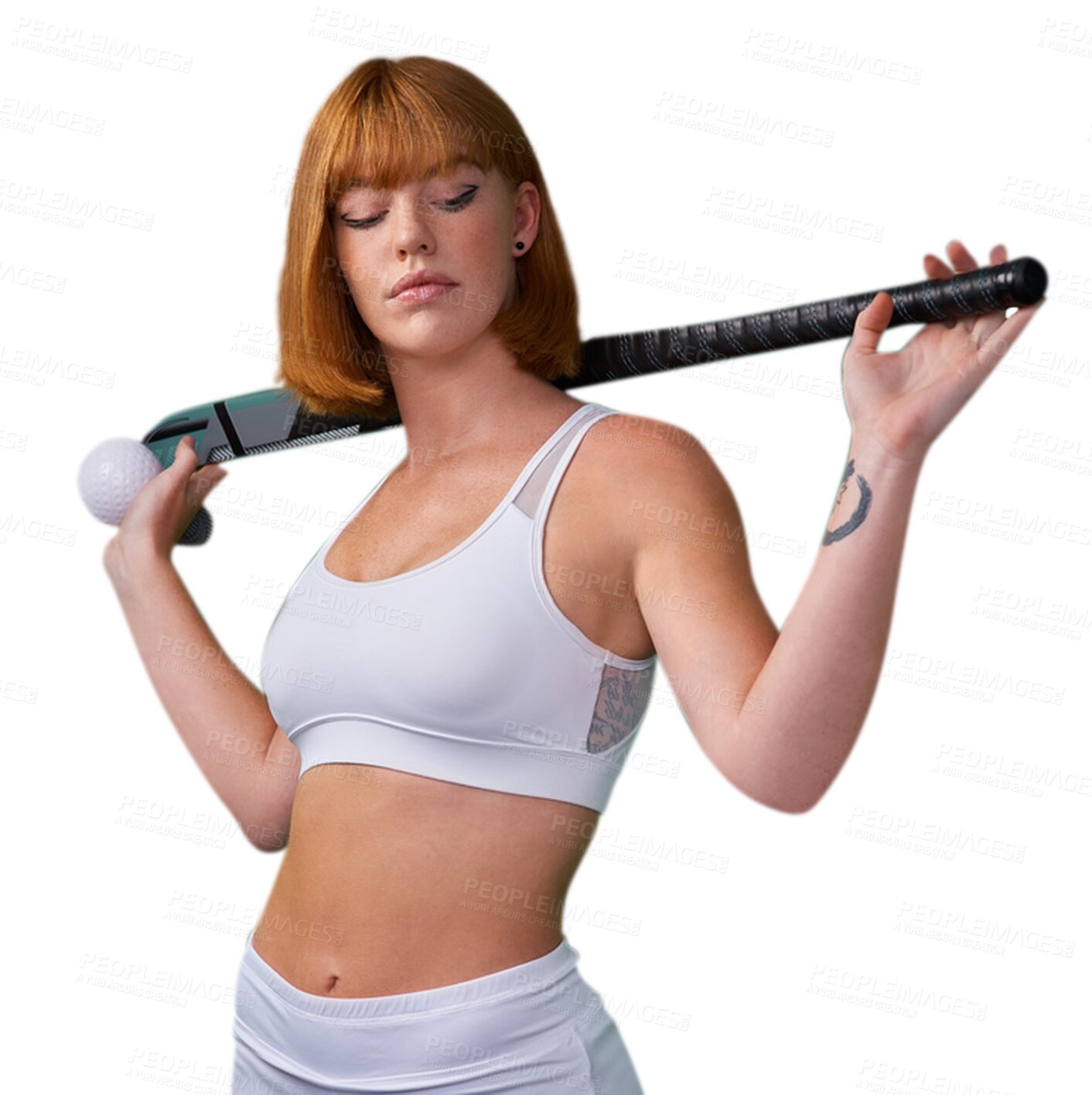 Buy stock photo Hockey, fitness and woman athlete at training, exercise and workout isolated in a transparent or png background. Competition, wellness and young female person ready for sports game and health