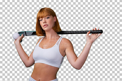 Buy stock photo Hockey player, holding a stick for sport or girl in png or isolated and transparent background with fitness. Athlete, training and hockey match or female person in outdoor with motivation at stadium.