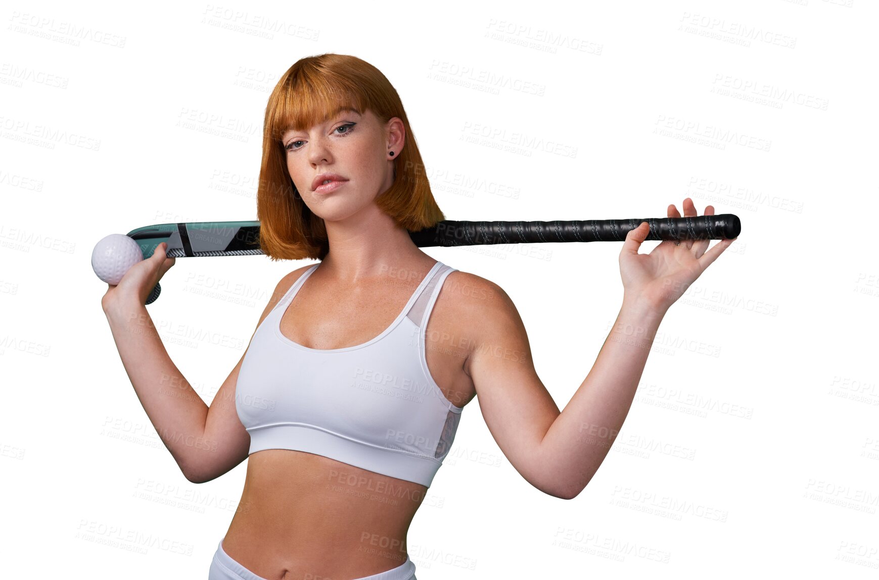 Buy stock photo Hockey player, holding a stick for sport or girl in png or isolated and transparent background with fitness. Athlete, training and hockey match or female person in outdoor with motivation at stadium.