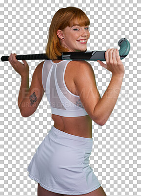 Buy stock photo Hockey, fitness and portrait of woman athlete at training, exercise and workout isolated in a transparent or png background. Competition, wellness and young female person ready for sports game