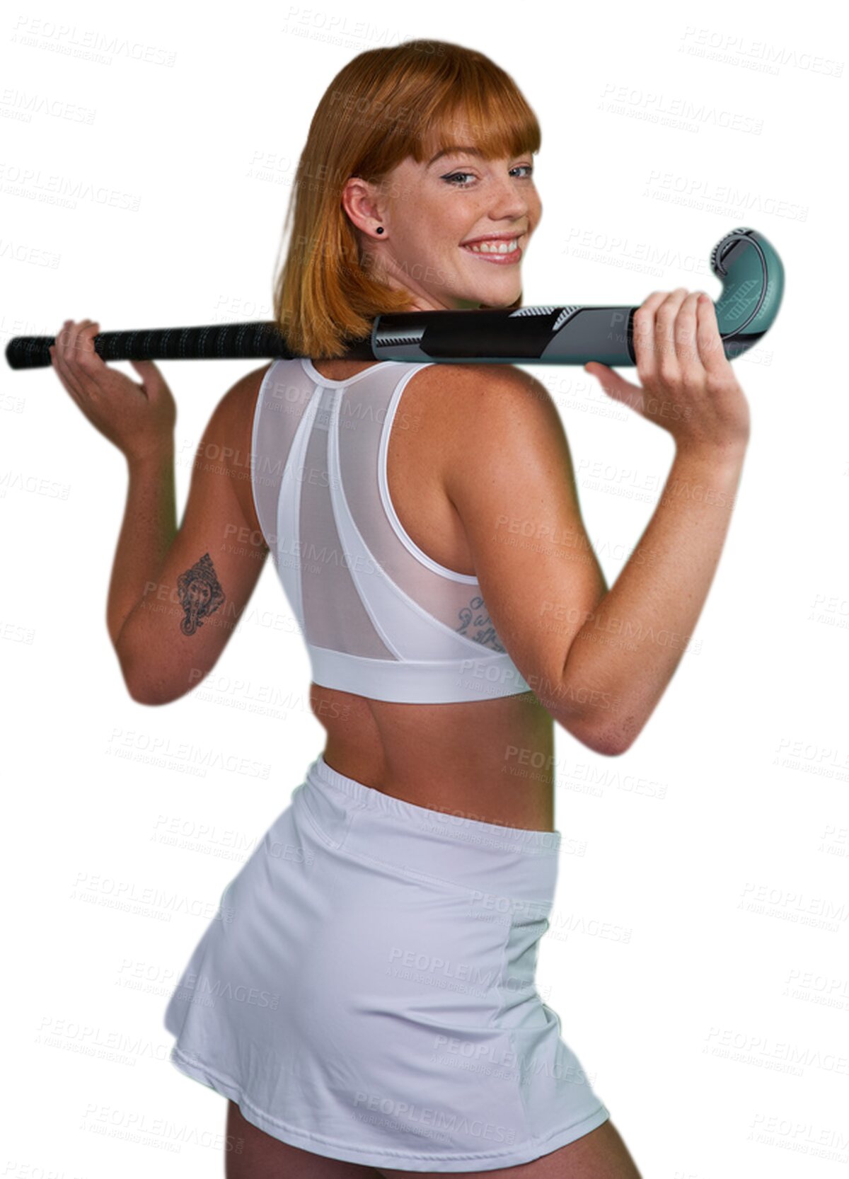 Buy stock photo Hockey, fitness and portrait of woman athlete at training, exercise and workout isolated in a transparent or png background. Competition, wellness and young female person ready for sports game