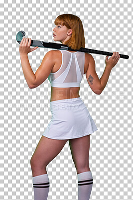 Buy stock photo Hockey, fitness and athlete at training, exercise and workout isolated in a transparent or png background. Competition, wellness and young woman or person ready for sports game, goal and health