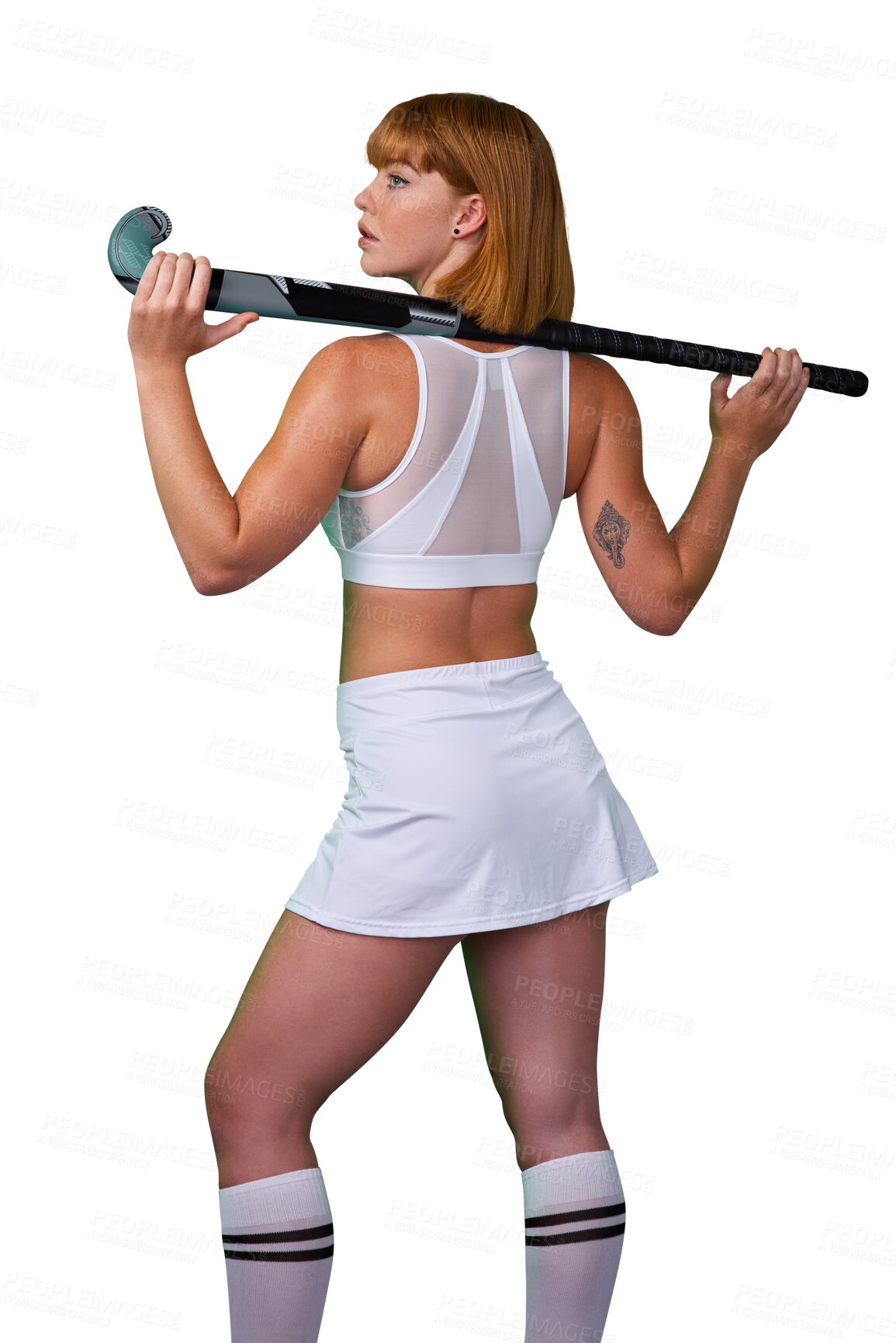 Buy stock photo Hockey, fitness and athlete at training, exercise and workout isolated in a transparent or png background. Competition, wellness and young woman or person ready for sports game, goal and health