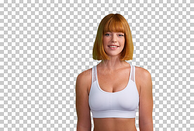 Buy stock photo Sports, fitness and smile with portrait of woman on png for training, health and workout. Exercise, wellness and gym with face of female athlete isolated on transparent background for performance