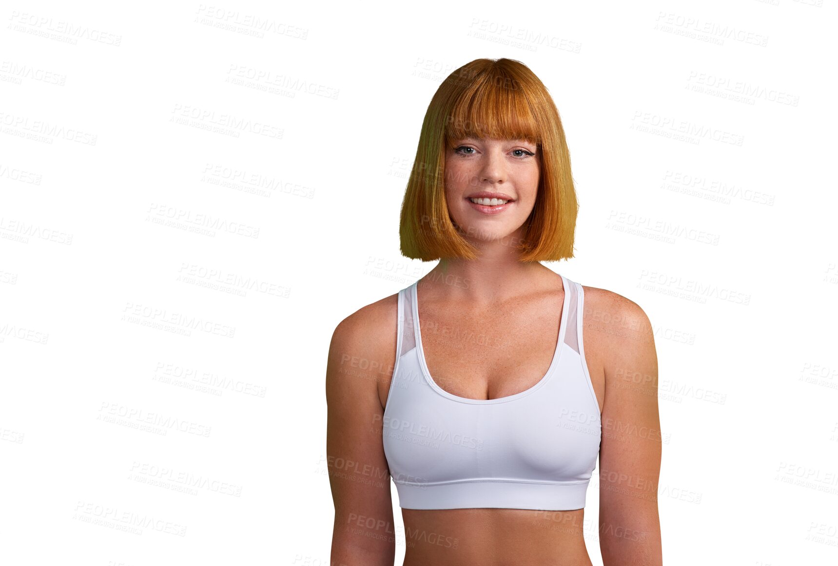 Buy stock photo Sports, fitness and smile with portrait of woman on png for training, health and workout. Exercise, wellness and gym with face of female athlete isolated on transparent background for performance