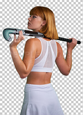 Buy stock photo Hockey, fitness and woman athlete exercise, training and workout isolated in a transparent or png background. Competition, wellness and young female person ready for sports game, career and health