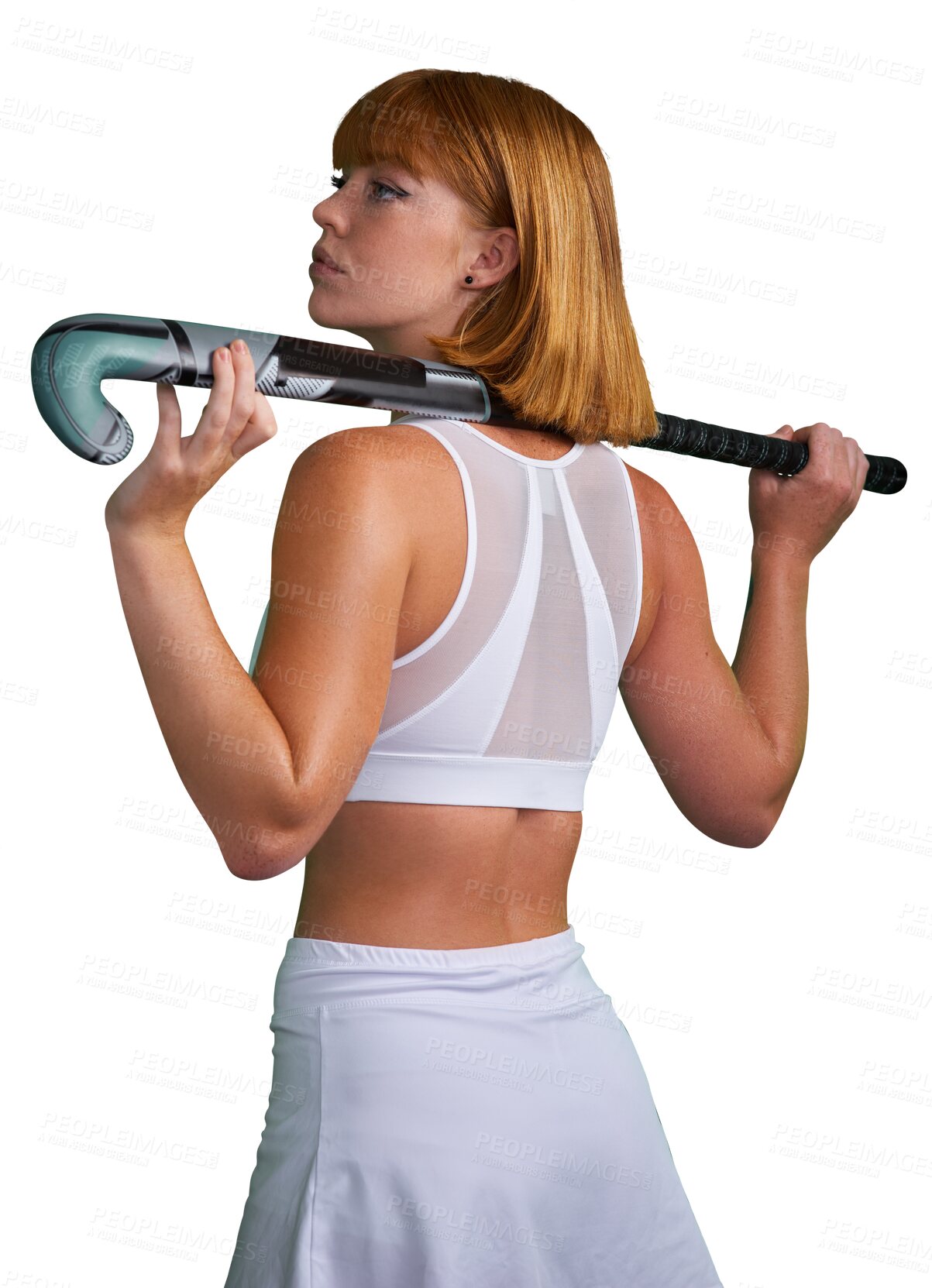 Buy stock photo Hockey, fitness and woman athlete exercise, training and workout isolated in a transparent or png background. Competition, wellness and young female person ready for sports game, career and health