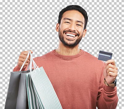 Buy stock photo Happy asian man, shopping bag and credit card for payment isolated on a transparent PNG background. Portrait of male person or shopper with smile for luxury gifts, purchase or banking and buying bags