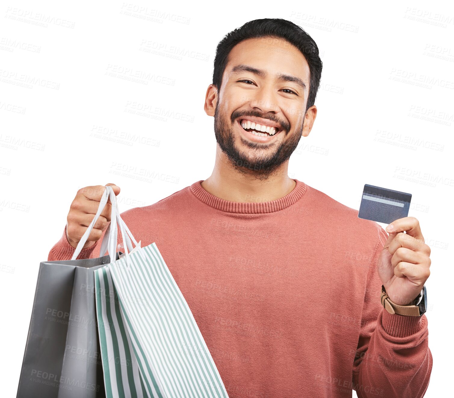 Buy stock photo Happy asian man, shopping bag and credit card for payment isolated on a transparent PNG background. Portrait of male person or shopper with smile for luxury gifts, purchase or banking and buying bags