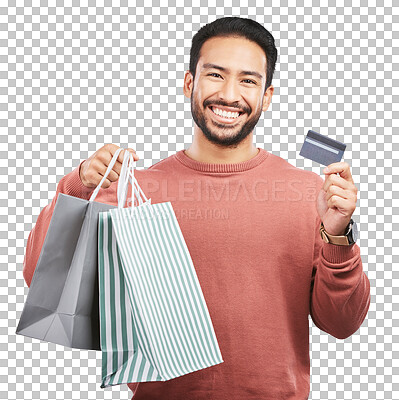 Buy stock photo Asian man, credit and happy with shopping bag in portrait for png, transparent or isolated background. Budget, gift and male person with card for purchase with discount for customer or fashion.