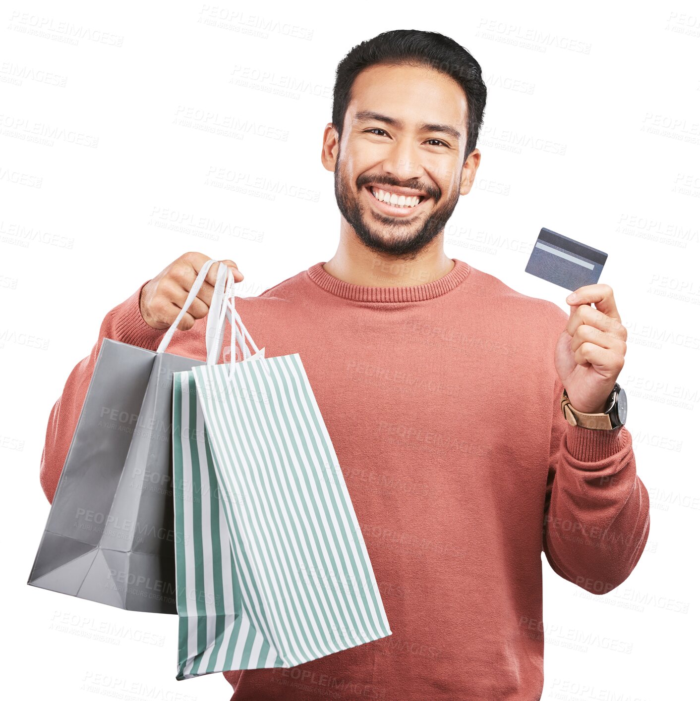 Buy stock photo Asian man, credit and happy with shopping bag in portrait for png, transparent or isolated background. Budget, gift and male person with card for purchase with discount for customer or fashion.