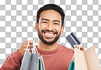 Happy asian man, portrait and shopping bag or credit card for banking isolated on a transparent PNG background. Male person or shopper with smile for luxury gifts, purchase or payment and buying bags
