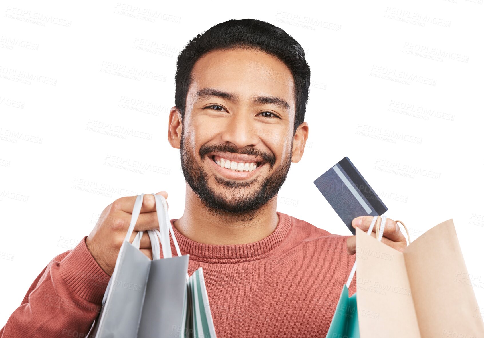 Buy stock photo Happy asian man, portrait and shopping bag or credit card for banking isolated on a transparent PNG background. Male person or shopper with smile for luxury gifts, purchase or payment and buying bags