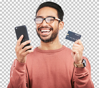 Man is laugh, smartphone and credit card for online shopping, ha