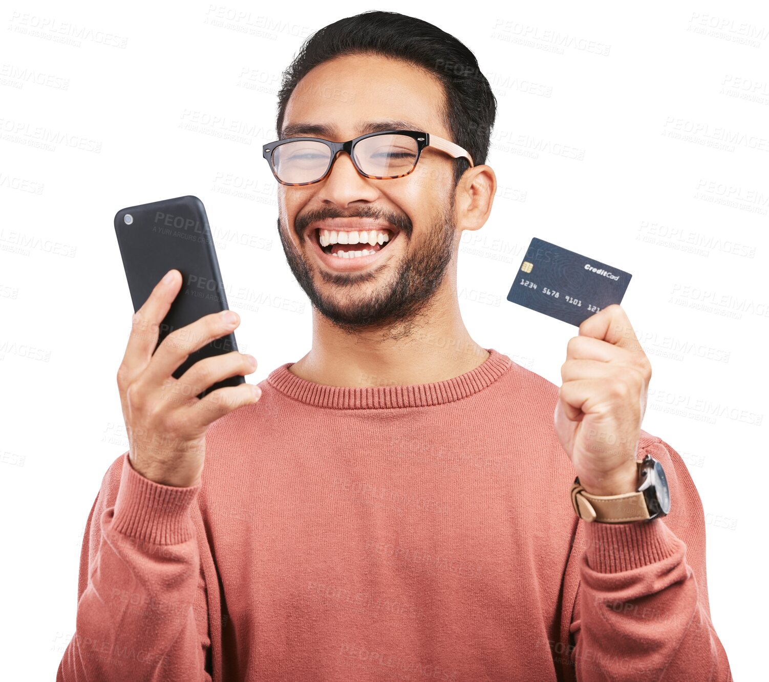 Buy stock photo Happy asian man, phone and credit card for payment or online banking isolated on a transparent PNG background. Excited male person or shopper smile on mobile smartphone for bank app, buy or purchase