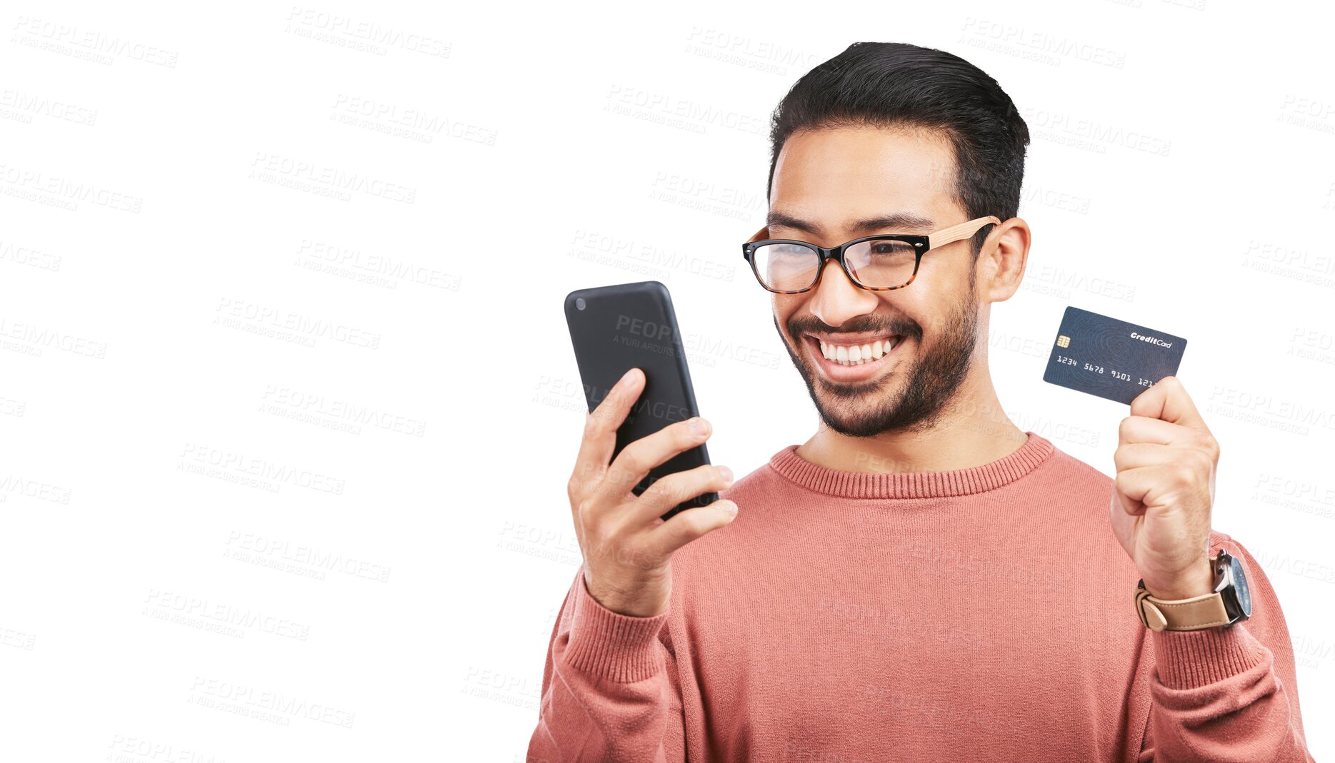 Buy stock photo Happy asian man, phone and credit card for online shopping isolated on a transparent PNG background. Excited male person or shopper with smile on mobile smartphone for bank app, ecommerce or purchase