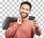 Happy asian man, shopping bag and credit card for banking isolated on a transparent PNG background. Portrait of male person or shopper with smile for luxury gifts, purchase or payment and buying bags