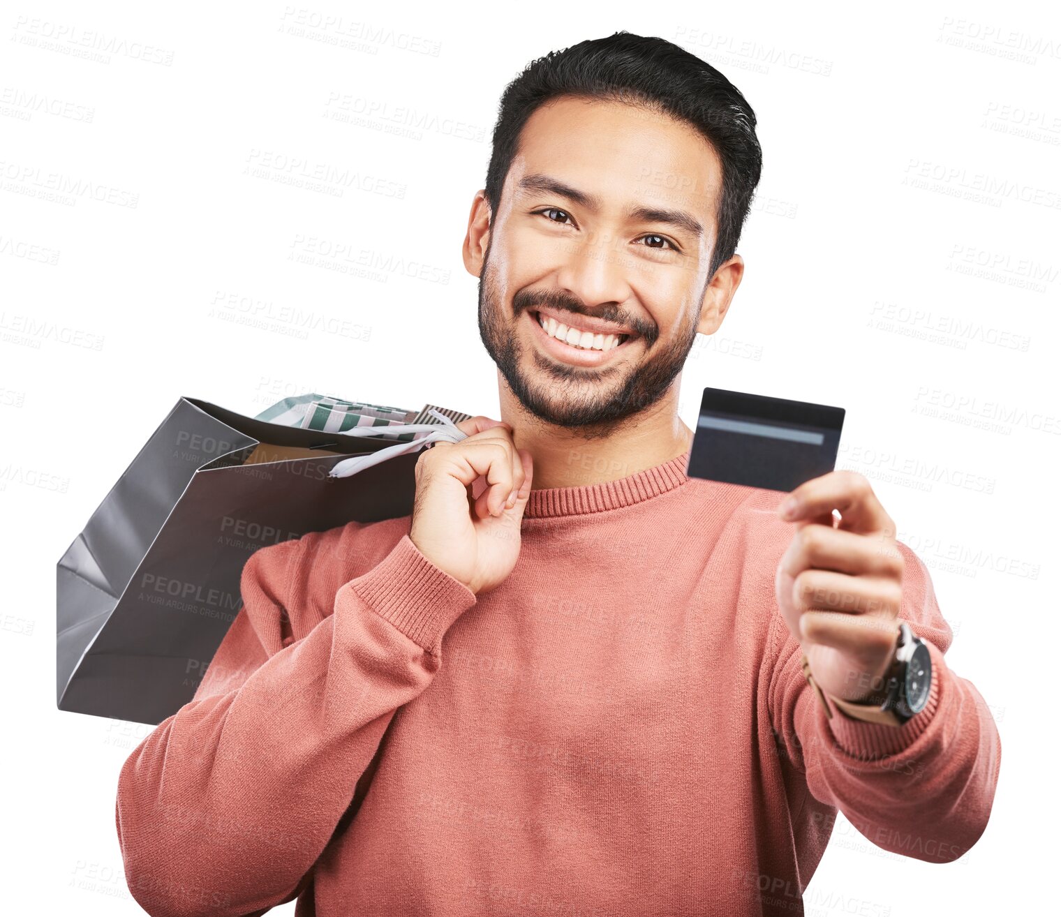 Buy stock photo Happy asian man, shopping bag and credit card for banking isolated on a transparent PNG background. Portrait of male person or shopper with smile for loyalty discount, purchase or payment on account