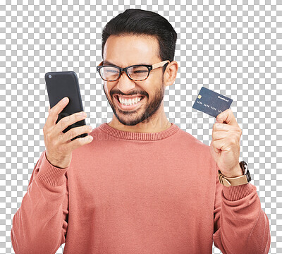 Buy stock photo Happy asian man, phone and credit card for ecommerce isolated on a transparent PNG background. Excited male person or shopper with smile on mobile smartphone for bank app, online shopping or purchase