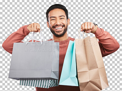 Buy stock photo Happy asian man, portrait and shopping bags of customer isolated on a transparent PNG background. Male person or shopper with smile for luxury gifts, purchase or payment in buying, discount or sale