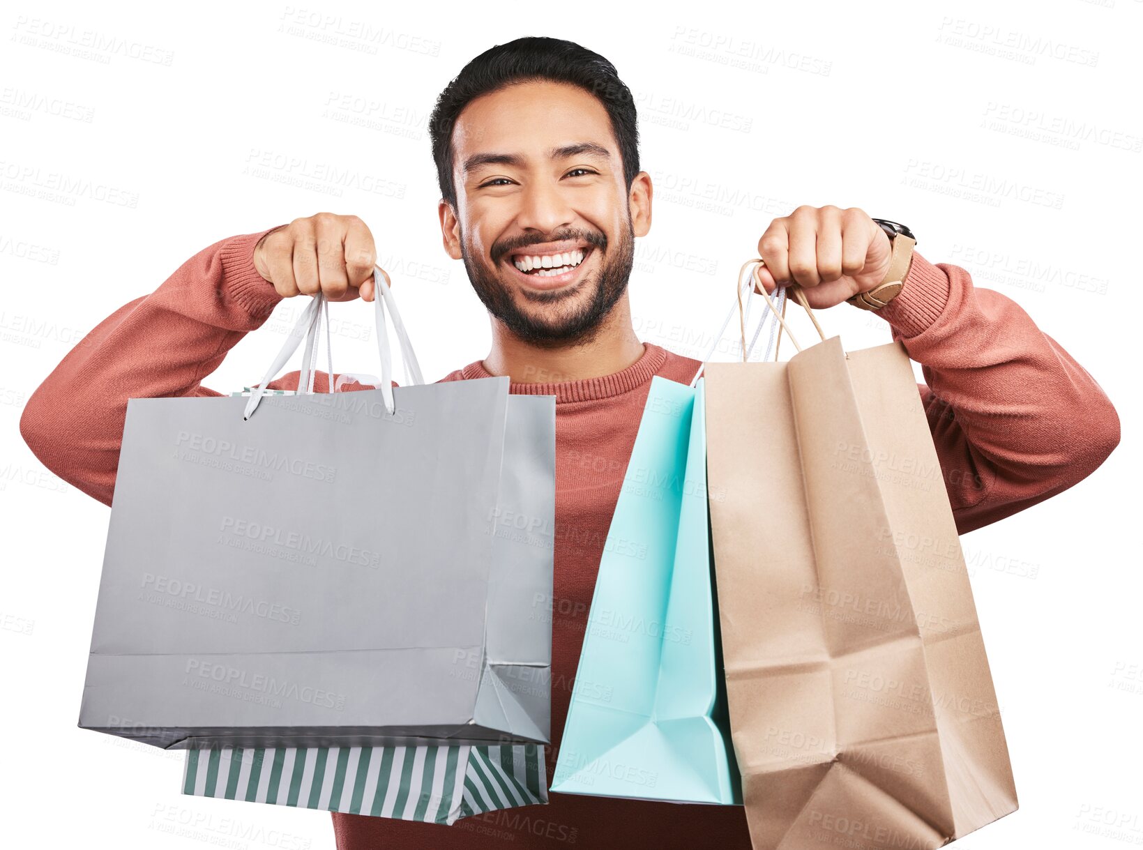 Buy stock photo Happy asian man, portrait and shopping bags of customer isolated on a transparent PNG background. Male person or shopper with smile for luxury gifts, purchase or payment in buying, discount or sale