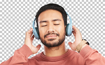 Calm asian man, headphones and listening to music standing isolated on a transparent PNG background. Male person in relax enjoying audio streaming, sound track or songs on headset for online tunes