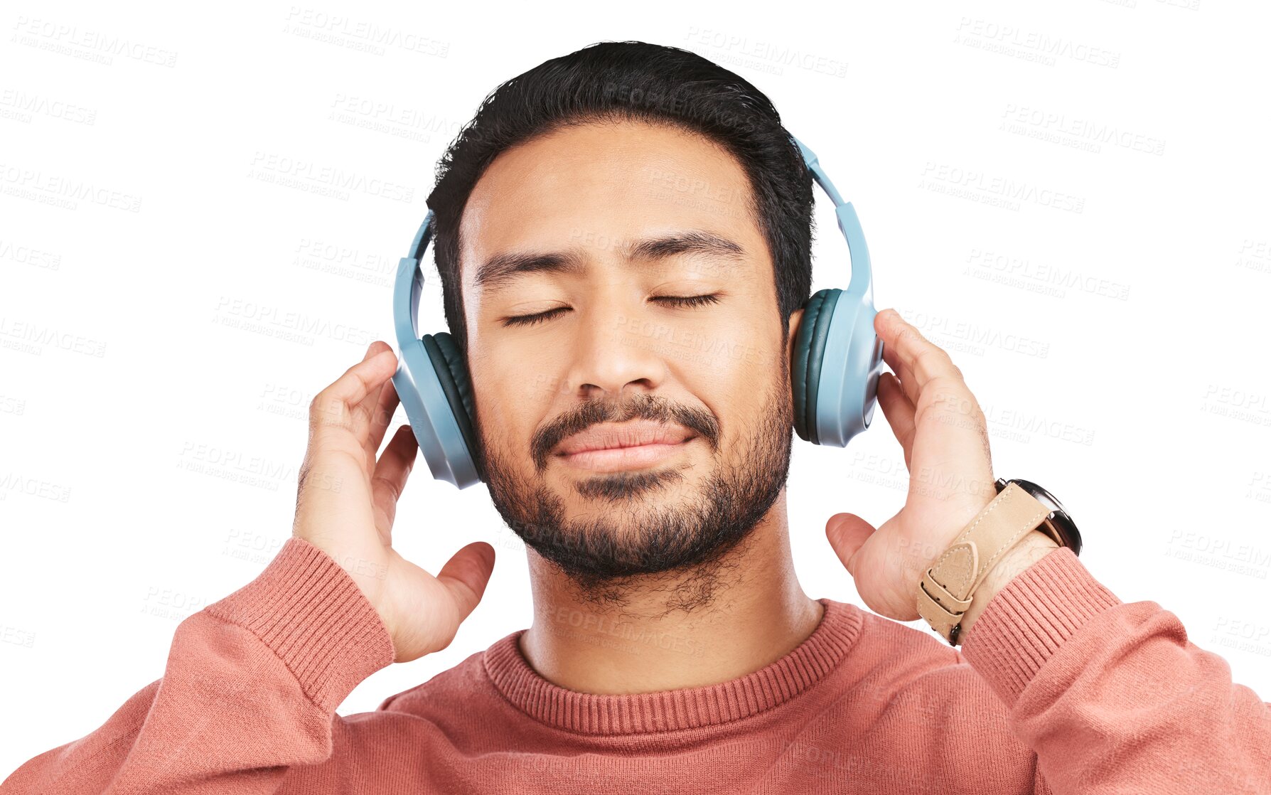 Buy stock photo Calm asian man, headphones and listening to music standing isolated on a transparent PNG background. Male person in relax enjoying audio streaming, sound track or songs on headset for online tunes