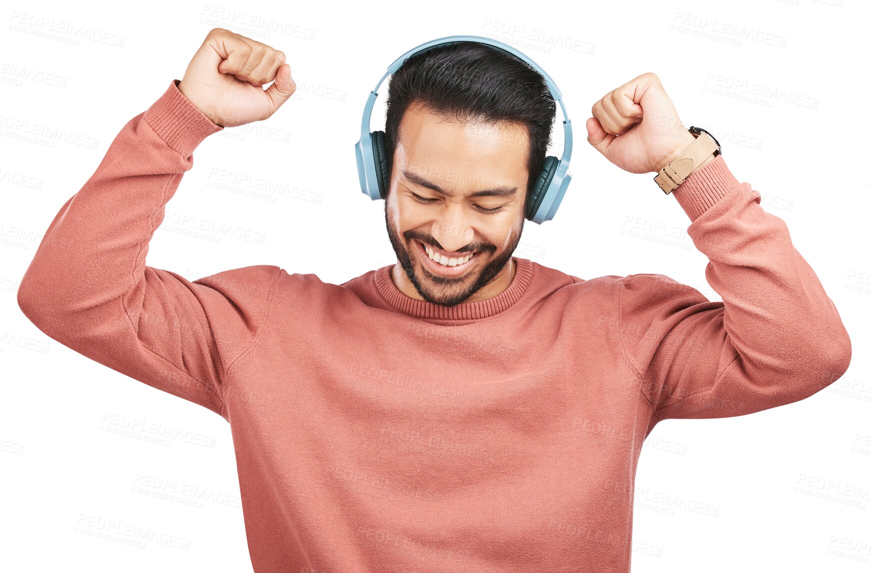 Buy stock photo Happy asian man, headphones and dancing to music or listening isolated on a transparent PNG background. Excite male person enjoying audio streaming, sound track or songs on headset for online tunes