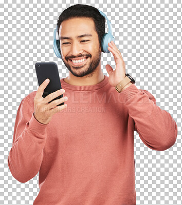 Asian man, phone and listening to music with headphones standing isolated on a transparent PNG background. Happy male person enjoying audio streaming, sound track or songs on mobile smartphone app