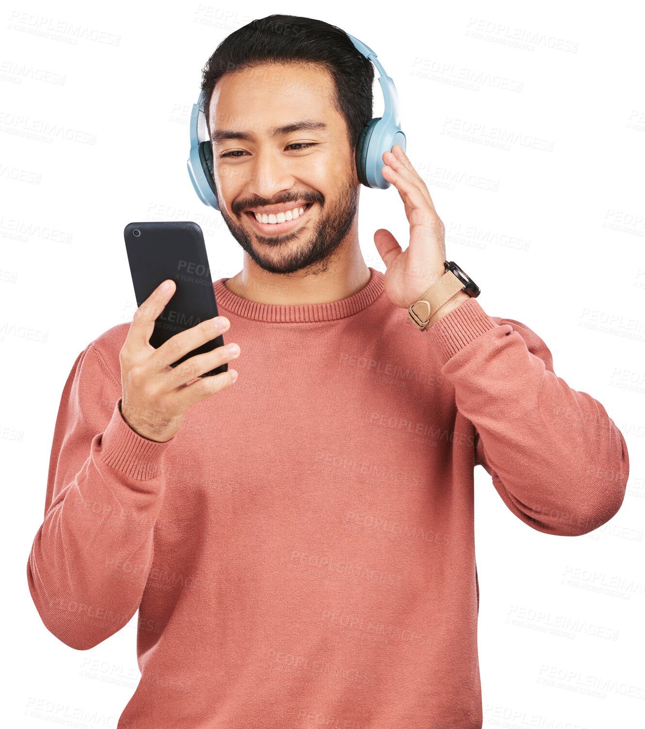 Buy stock photo Asian man, phone and listening to music with headphones standing isolated on a transparent PNG background. Happy male person enjoying audio streaming, sound track or songs on mobile smartphone app