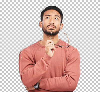 Buy stock photo Thinking, glasses and young man with idea, memory or doubt for planning a solution. Spectacles, confused and male model with a decision or choice expression isolated by a transparent png background.