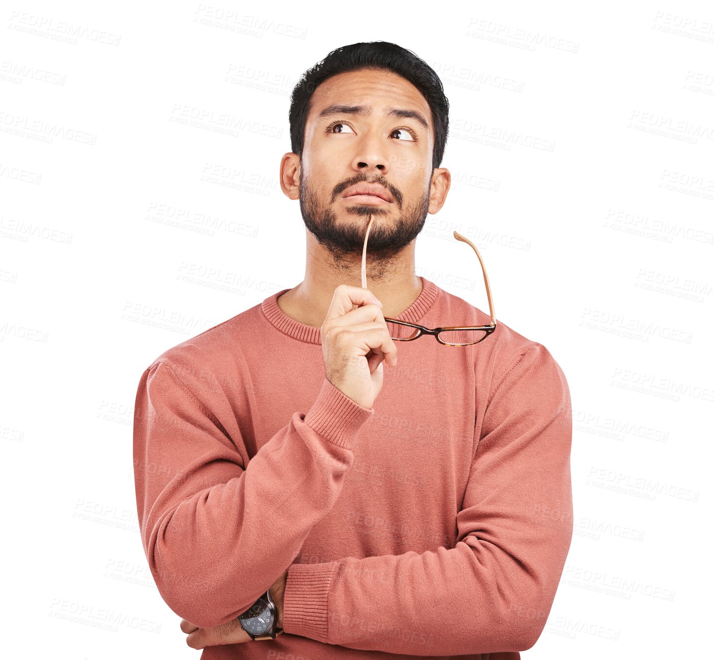 Buy stock photo Thinking, glasses and young man with idea, memory or doubt for planning a solution. Spectacles, confused and male model with a decision or choice expression isolated by a transparent png background.